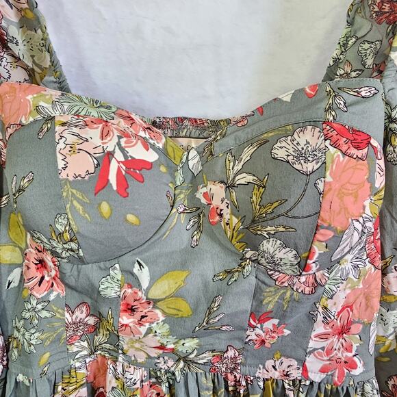 BOG Collective Dress L Green Milkmaid Peasant Floral Cottagecore Smocked Boho - Picture 4 of 15